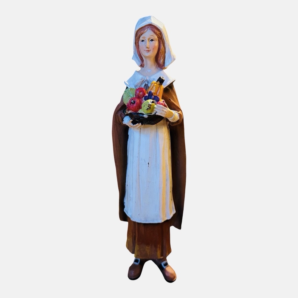 Pilgrim Woman Figurine 11" Thanksgiving Harvest Basket Rustic Fall Decor